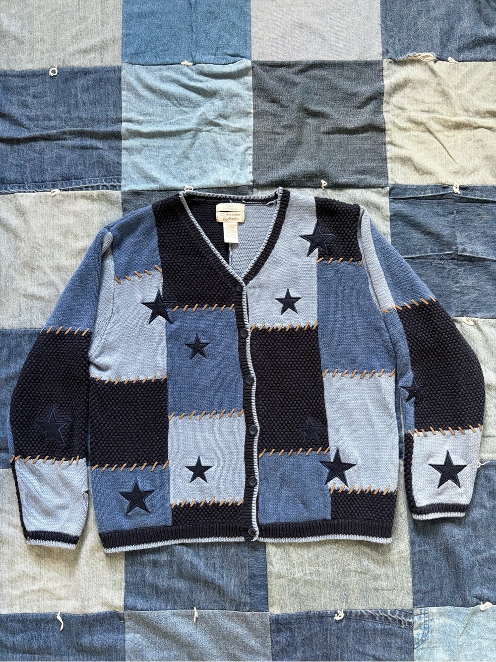 Patchwork star embroidery knit sweater blue color block cardigan size L